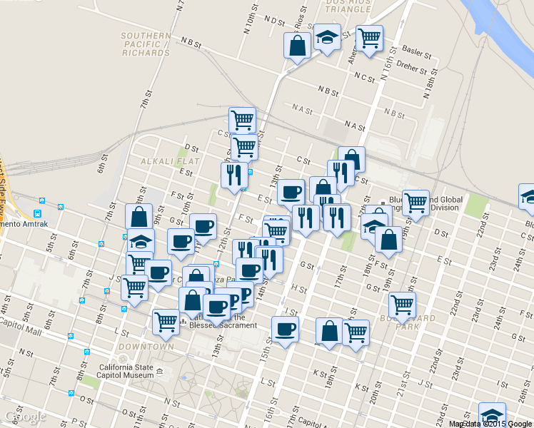 map of restaurants, bars, coffee shops, grocery stores, and more near 501 13th Street in Sacramento