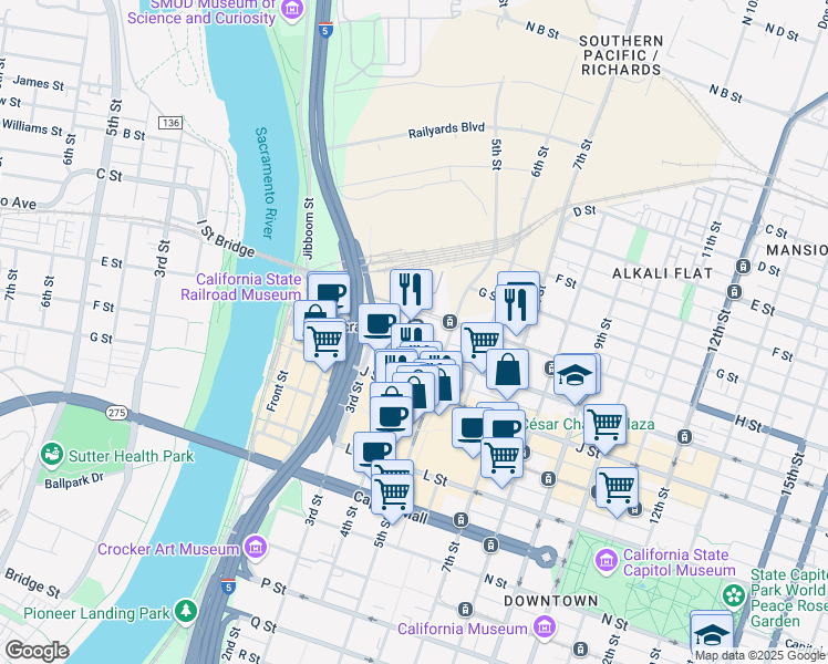 map of restaurants, bars, coffee shops, grocery stores, and more near 401 I Street in Sacramento