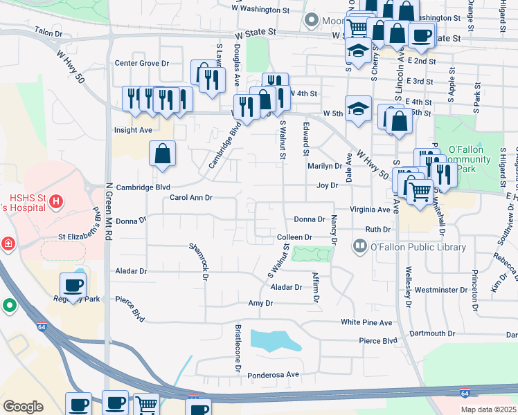 map of restaurants, bars, coffee shops, grocery stores, and more near 410 Nancy Drive in O'Fallon
