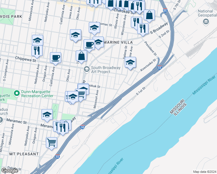 map of restaurants, bars, coffee shops, grocery stores, and more near 3834 Illinois Avenue in St. Louis