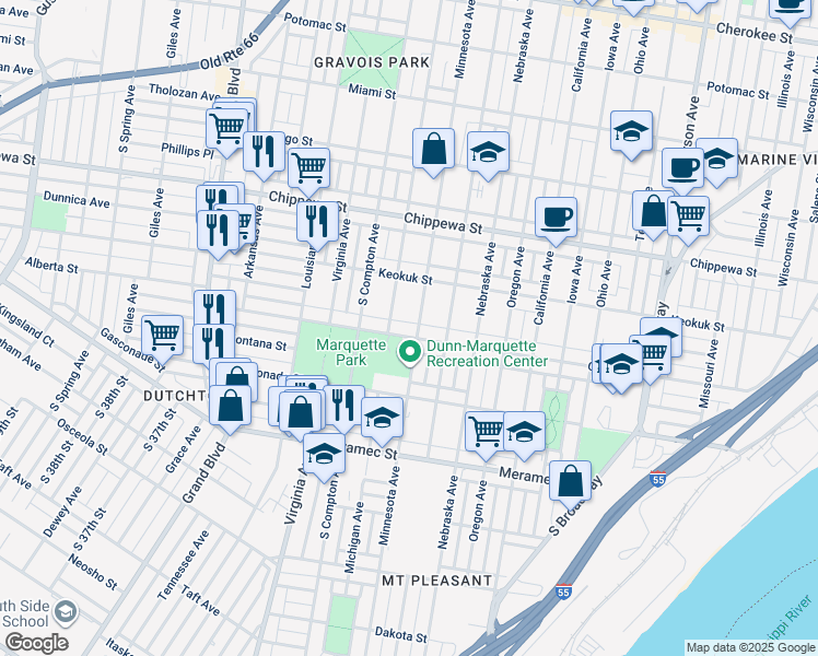 map of restaurants, bars, coffee shops, grocery stores, and more near 3935 Minnesota Avenue in St. Louis