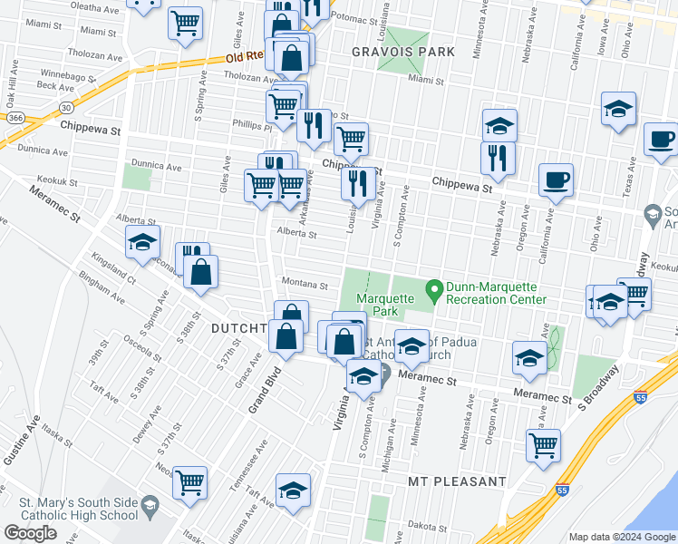 map of restaurants, bars, coffee shops, grocery stores, and more near 3405 Osage Street in St. Louis