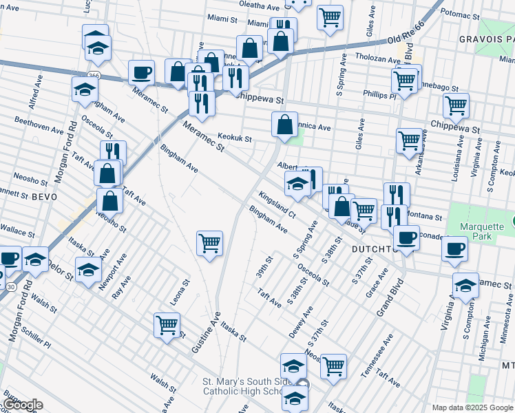 map of restaurants, bars, coffee shops, grocery stores, and more near 3953 Kingsland Court in St. Louis
