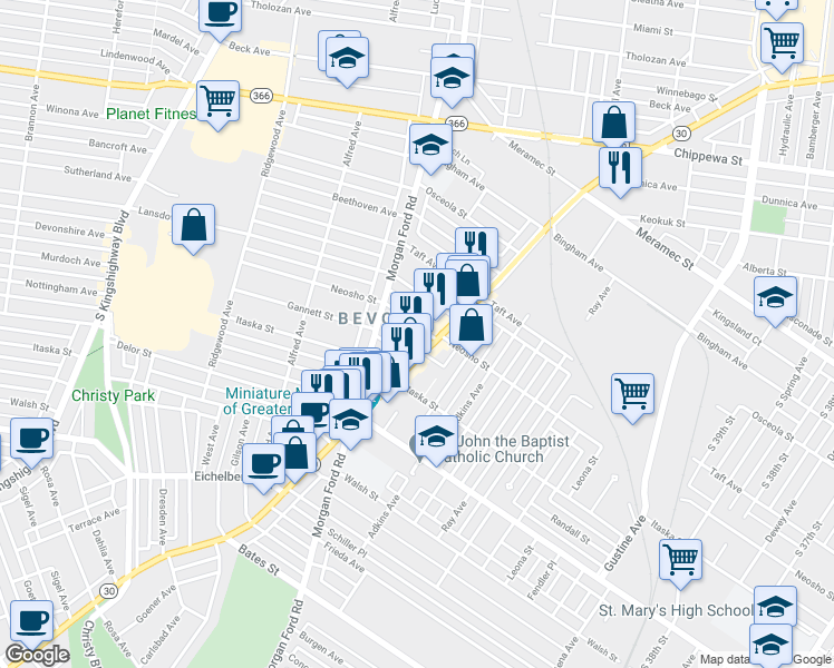 map of restaurants, bars, coffee shops, grocery stores, and more near 4216 Ellenwood Avenue in St. Louis