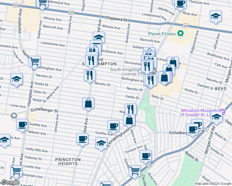 map of restaurants, bars, coffee shops, grocery stores, and more near 4988 Neosho Street in St. Louis