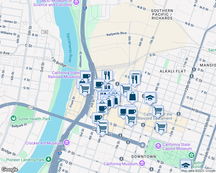 map of restaurants, bars, coffee shops, grocery stores, and more near 401 I St in Sacramento
