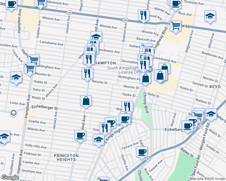 map of restaurants, bars, coffee shops, grocery stores, and more near 4988 Neosho Street in St. Louis
