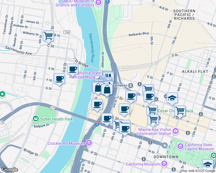 map of restaurants, bars, coffee shops, grocery stores, and more near 113 I Street in Sacramento