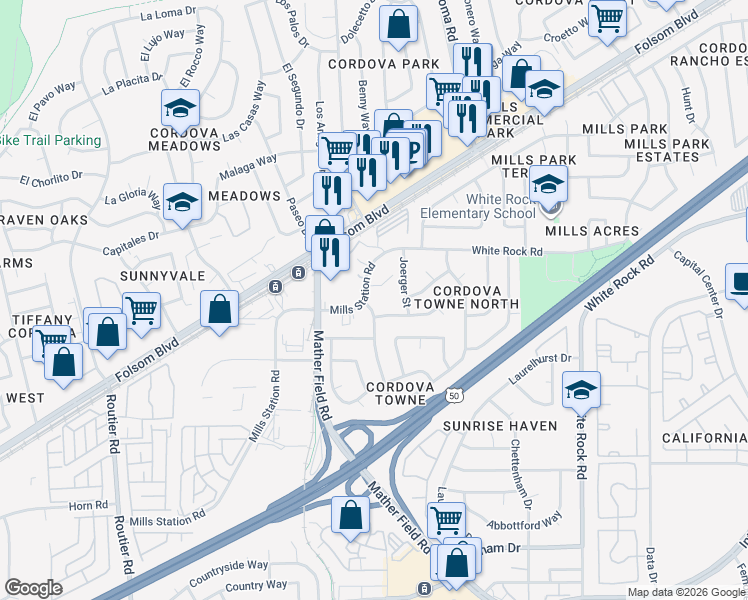 map of restaurants, bars, coffee shops, grocery stores, and more near 10279 Mills Station Road in Rancho Cordova