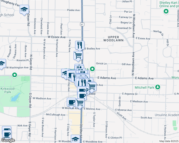 map of restaurants, bars, coffee shops, grocery stores, and more near 126 East Washington Avenue in Kirkwood
