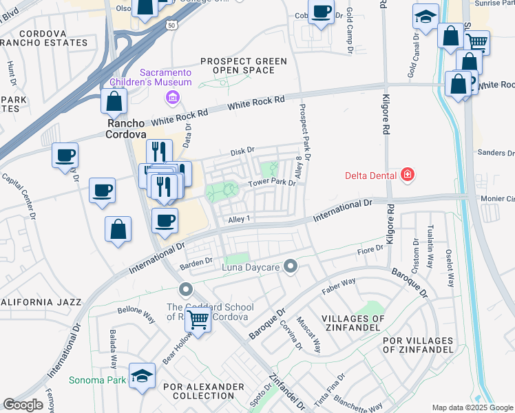 map of restaurants, bars, coffee shops, grocery stores, and more near 3147 Brindley Way in Rancho Cordova