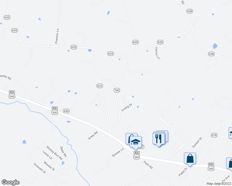 map of restaurants, bars, coffee shops, grocery stores, and more near Forrest Drive in Stanley
