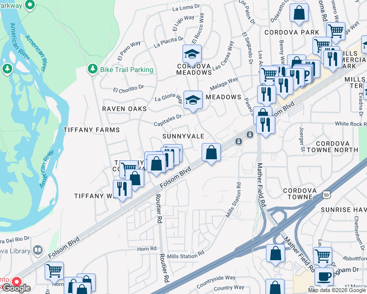 map of restaurants, bars, coffee shops, grocery stores, and more near 2701 Bravado Drive in Rancho Cordova