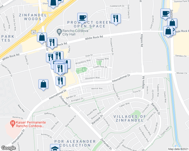 map of restaurants, bars, coffee shops, grocery stores, and more near 3147 Brindley Way in Rancho Cordova