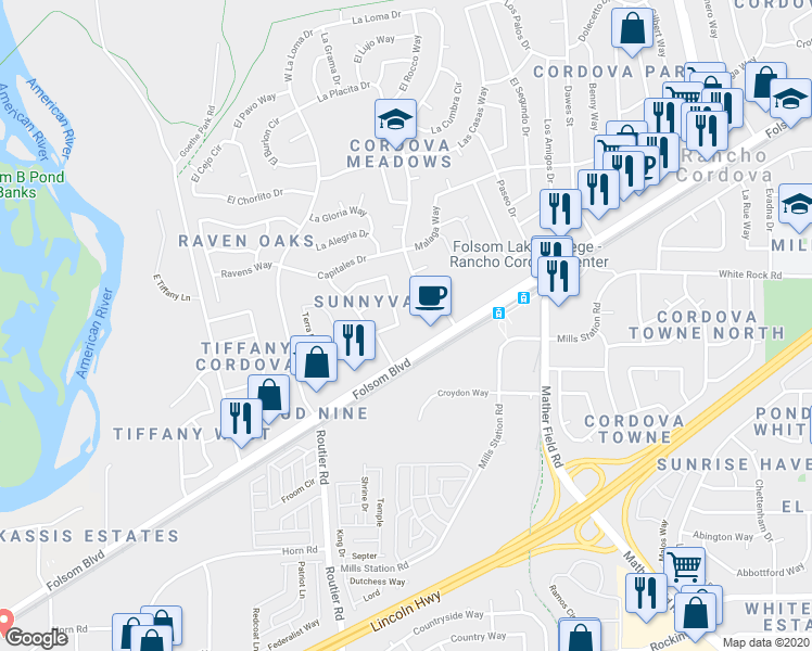 map of restaurants, bars, coffee shops, grocery stores, and more near 2725 El Parque Circle in Rancho Cordova