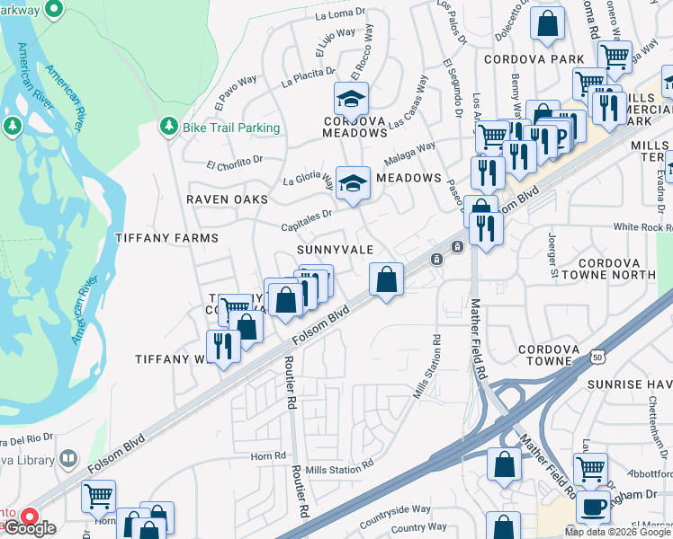 map of restaurants, bars, coffee shops, grocery stores, and more near 2701 Bravado Drive in Rancho Cordova