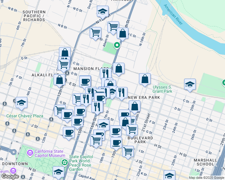 map of restaurants, bars, coffee shops, grocery stores, and more near in Sacramento