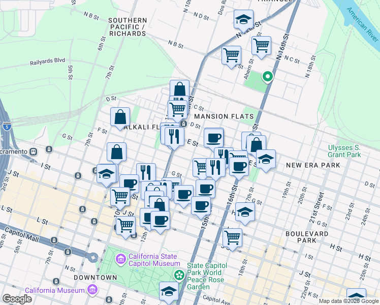 map of restaurants, bars, coffee shops, grocery stores, and more near 1220 E Street in Sacramento