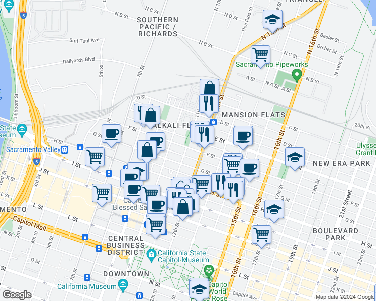 map of restaurants, bars, coffee shops, grocery stores, and more near 1115 F Street in Sacramento