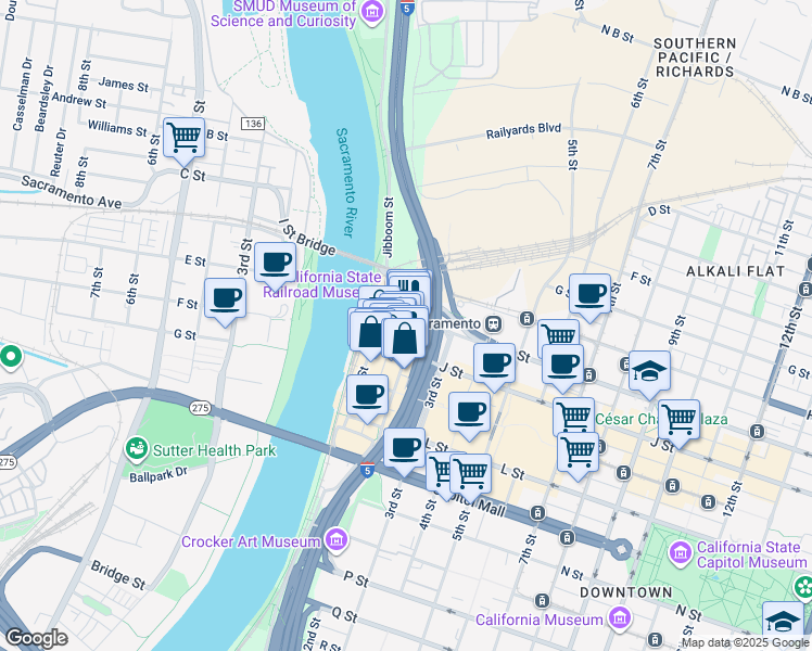 map of restaurants, bars, coffee shops, grocery stores, and more near 113 I Street in Sacramento