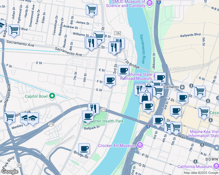 map of restaurants, bars, coffee shops, grocery stores, and more near 331 F Street in West Sacramento