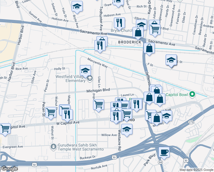 map of restaurants, bars, coffee shops, grocery stores, and more near 520 Chaparral Way in West Sacramento