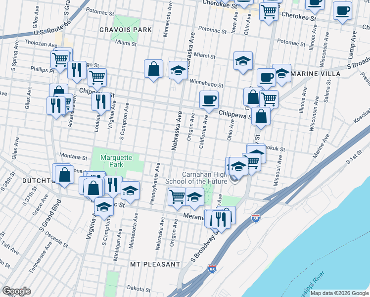 map of restaurants, bars, coffee shops, grocery stores, and more near 3920 Nebraska Avenue in St. Louis