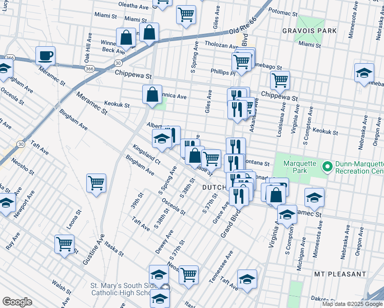 map of restaurants, bars, coffee shops, grocery stores, and more near 4042 South Spring Avenue in St. Louis