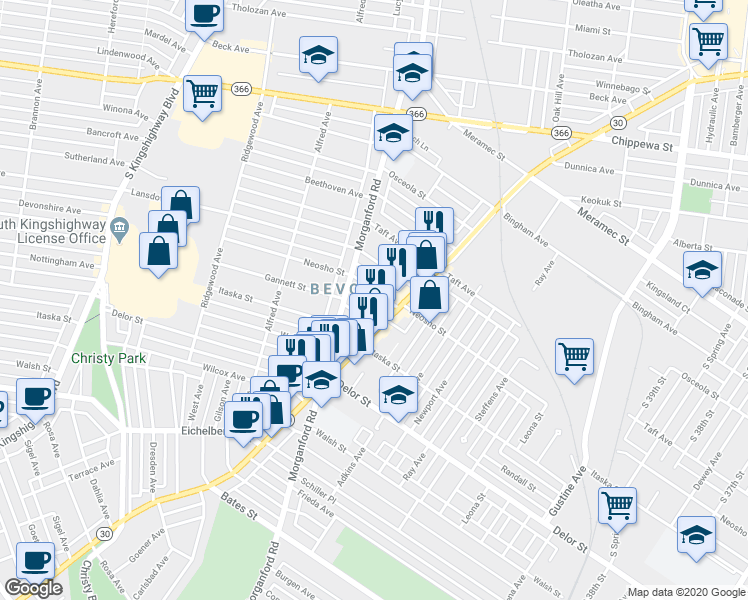 map of restaurants, bars, coffee shops, grocery stores, and more near 4242 Neosho Street in St. Louis