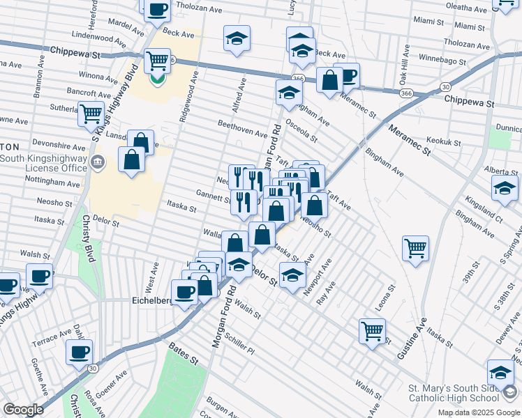 map of restaurants, bars, coffee shops, grocery stores, and more near 4242 Neosho Street in St. Louis