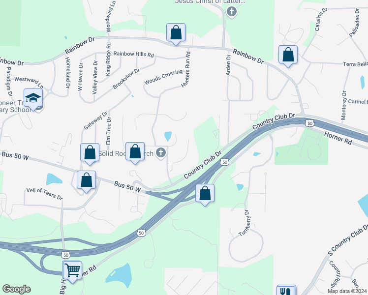 map of restaurants, bars, coffee shops, grocery stores, and more near 408 Kensington Park in Jefferson City