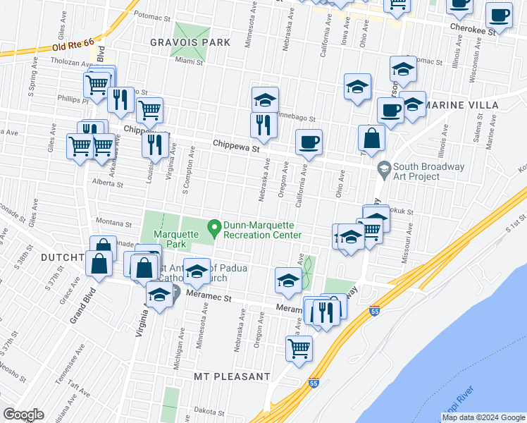 map of restaurants, bars, coffee shops, grocery stores, and more near 3936 Nebraska Avenue in St. Louis