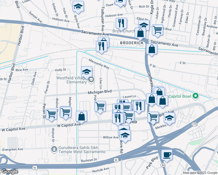 map of restaurants, bars, coffee shops, grocery stores, and more near 520 Chaparral Way in West Sacramento