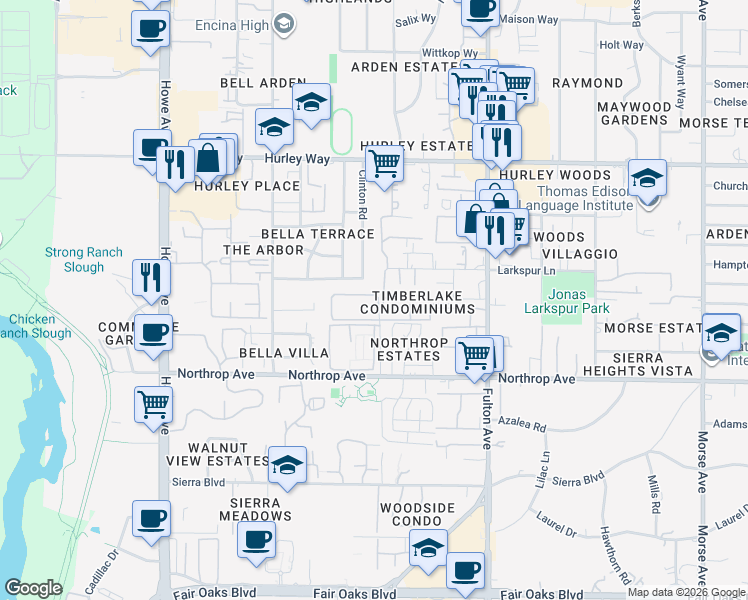 map of restaurants, bars, coffee shops, grocery stores, and more near 1019 Dornajo Way in Sacramento