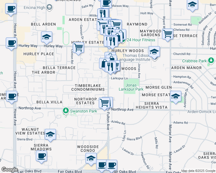 map of restaurants, bars, coffee shops, grocery stores, and more near 1050 Fulton Avenue in Sacramento