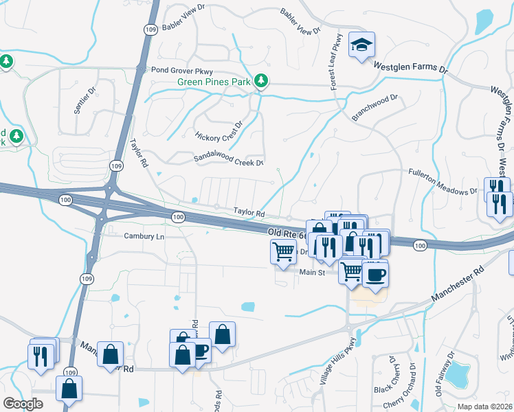 map of restaurants, bars, coffee shops, grocery stores, and more near 2531 Taylor Road in Ballwin