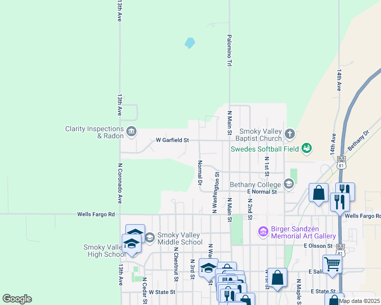 map of restaurants, bars, coffee shops, grocery stores, and more near 835 Sunset Drive in Lindsborg