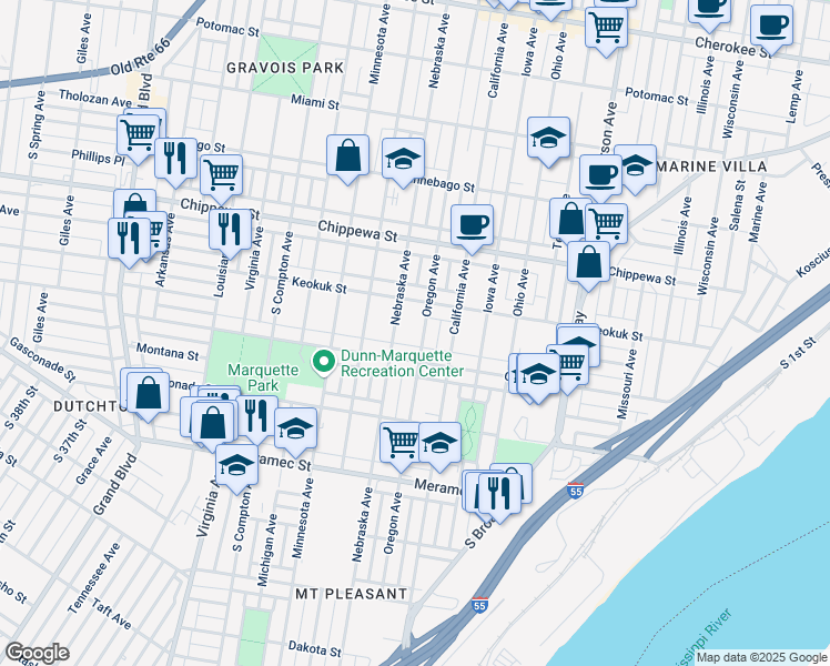 map of restaurants, bars, coffee shops, grocery stores, and more near 3931 Oregon Avenue in St. Louis