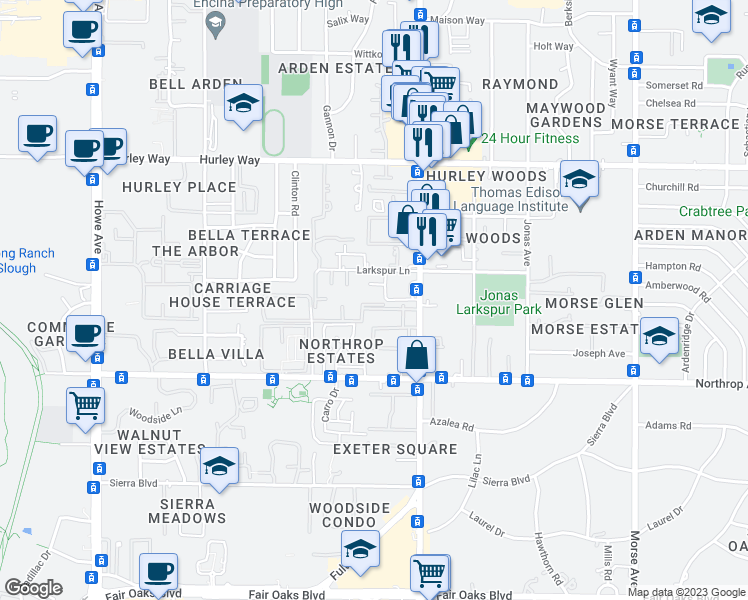 map of restaurants, bars, coffee shops, grocery stores, and more near 2464 Larkspur Lane in Sacramento