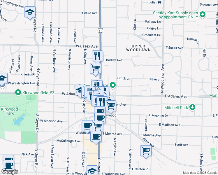 map of restaurants, bars, coffee shops, grocery stores, and more near 126 East Washington Avenue in Kirkwood