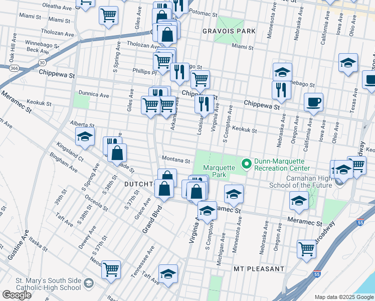 map of restaurants, bars, coffee shops, grocery stores, and more near 3416 Osage Street in St. Louis