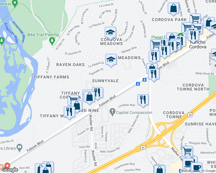map of restaurants, bars, coffee shops, grocery stores, and more near 2726 El Parque Circle in Rancho Cordova