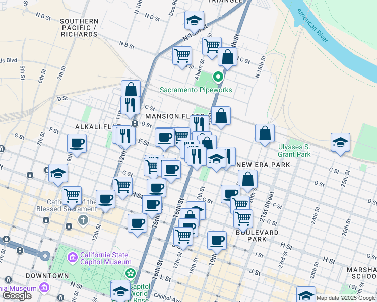 map of restaurants, bars, coffee shops, grocery stores, and more near 411 15th Street in Sacramento