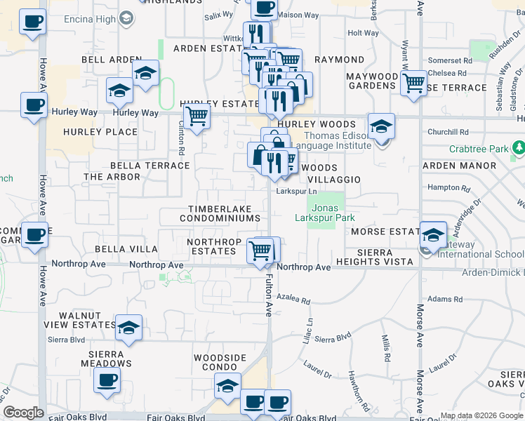 map of restaurants, bars, coffee shops, grocery stores, and more near 1065 Fulton Avenue in Sacramento