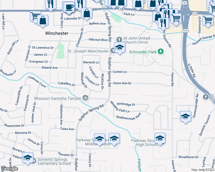 map of restaurants, bars, coffee shops, grocery stores, and more near 521 Sulphur Spring Road in Ballwin