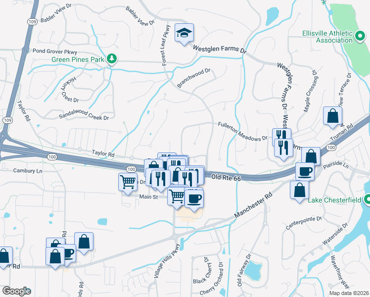 map of restaurants, bars, coffee shops, grocery stores, and more near 2517 Rain Forest Drive in Ballwin