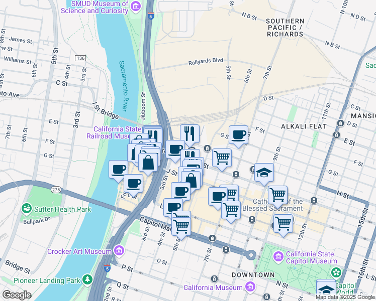 map of restaurants, bars, coffee shops, grocery stores, and more near 401 I Street in Sacramento
