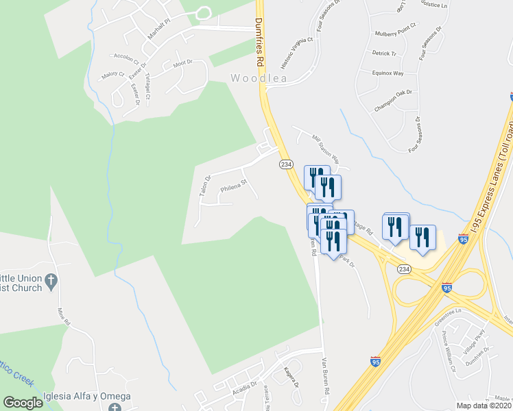 map of restaurants, bars, coffee shops, grocery stores, and more near 16978 Horton Court in Dumfries