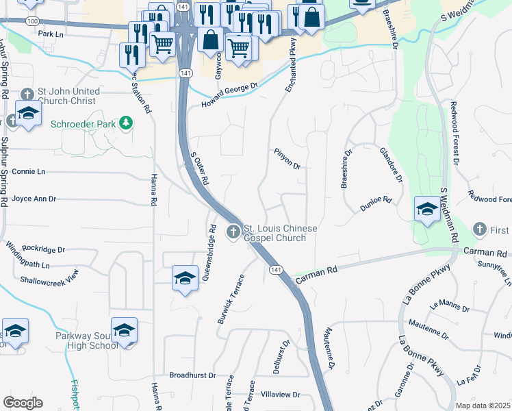 map of restaurants, bars, coffee shops, grocery stores, and more near 551 Enchanted Parkway in Ballwin