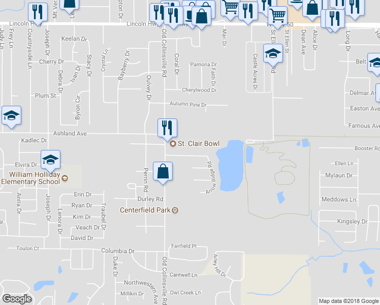 map of restaurants, bars, coffee shops, grocery stores, and more near 110 Lake Saint Ellen Drive in Fairview Heights
